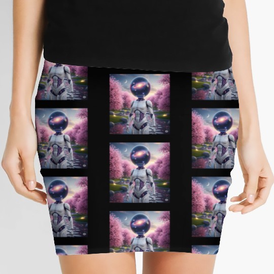 Futuristic Robot in Cherry Blossom Paradise Women's Mini Skirts