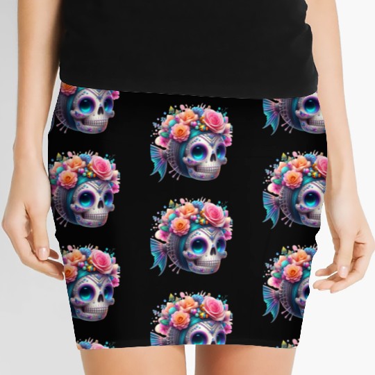 Colorful Sugar Skull with Floral Crown Women's Mini Skirts
