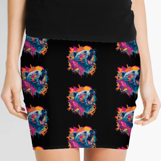 Vibrant Roaring Bear Graffiti Design Women's Mini Skirts