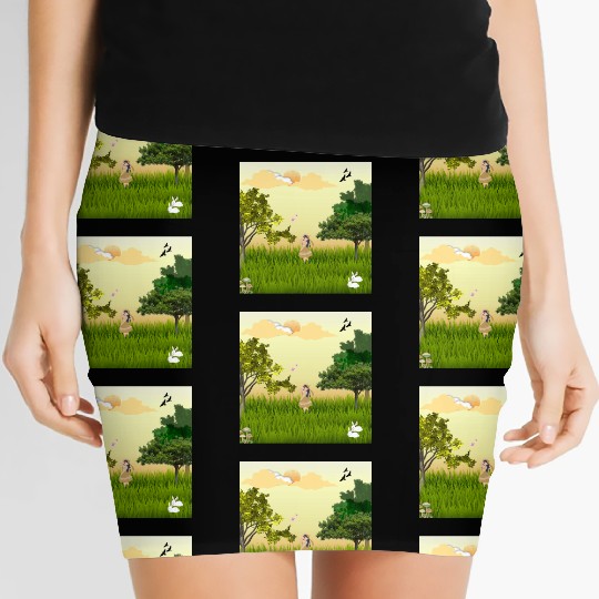 Serene Forest Girl with Bunny and Birds Women's Mini Skirts