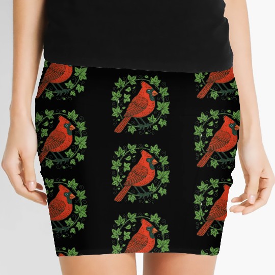 Vibrant Cardinal Amidst Ivy Leaves Women's Mini Skirts