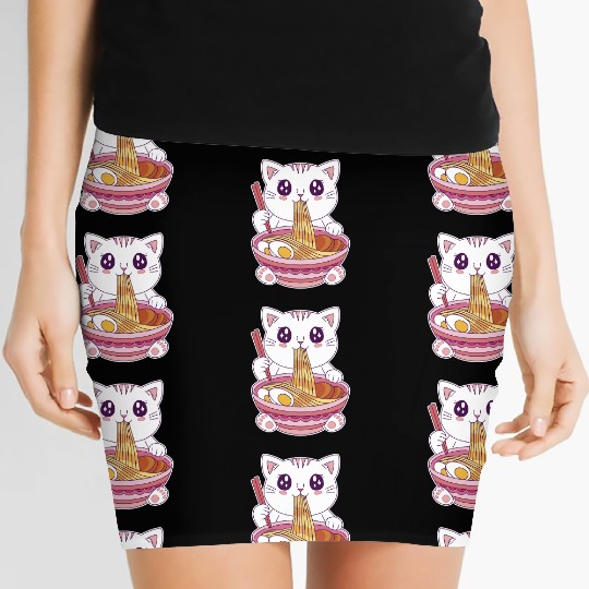 Cute Kawaii Cat Eating Ramen  Women's Mini Skirts