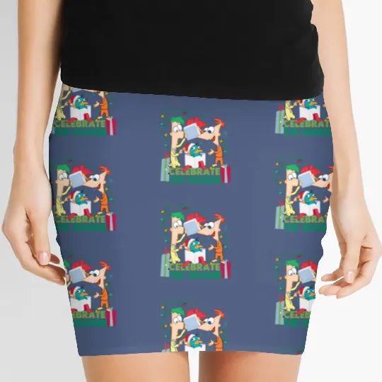 Disney Santa Phineas and Ferb Perry the Platypus Celebrate the Season Christmas Lights Women's Mini Skirts