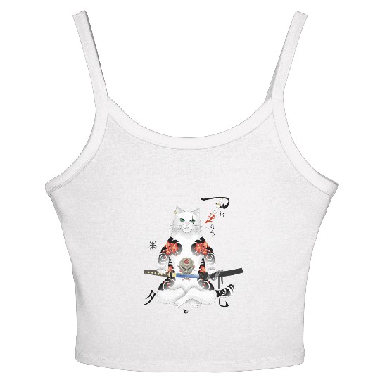 Japanese Samurai Cat Katana Ninja Yakuza Tattoo Women's Spaghetti Strap Tank Top
