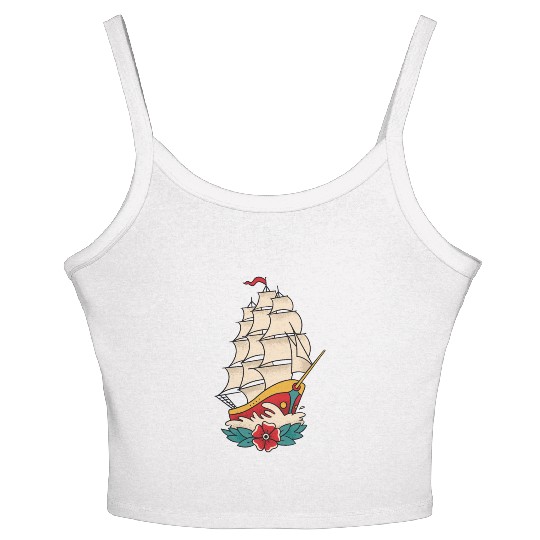 Traditional Tattoo Sailing Ship Colorful Women's Spaghetti Strap Tank Top