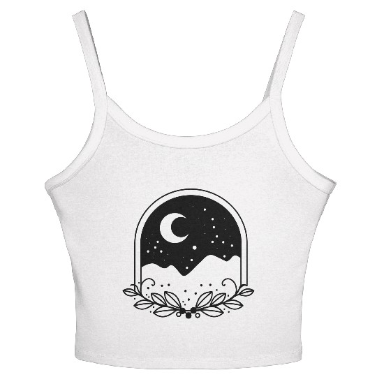 Floral night sky in an arc with Crescent moon Women's Spaghetti Strap Tank Top