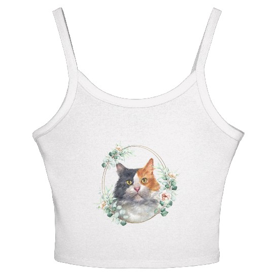 Calico Cat in a Floral Gold Wreath Frame Women's Spaghetti Strap Tank Top
