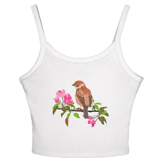 Sparrow on a branch pink flowers of an apple tree Women's Spaghetti Strap Tank Top