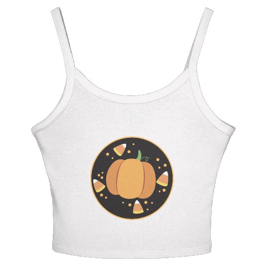 Pumkpin on a circle with candy corn Women's Spaghetti Strap Tank Top