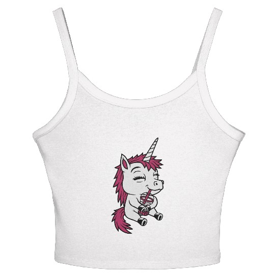 Boba tea drinking unicorn Women's Spaghetti Strap Tank Top