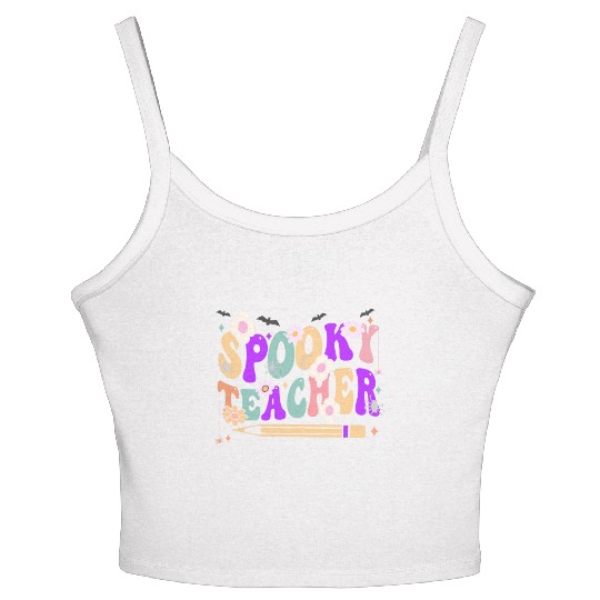 Spooky Season Retro Spooky Teacher Halloween Funny Women's Spaghetti Strap Tank Top