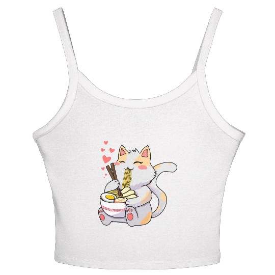 Funny Kawaii Cat Eating Ramen - Kawaii Neko Cat Women's Spaghetti Strap Tank Top