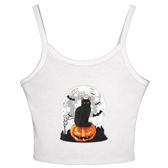 Black Cat On Pumpkin Women's Spaghetti Strap Tank Top Full Moon Halloween