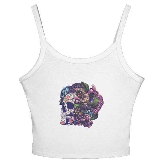 Halloween Sugar Skull And Flowers Women's Spaghetti Strap Tank Top