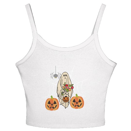 Halloween Costume Floral Ghost Pumpkin SpiderWeb Women's Spaghetti Strap Tank Top