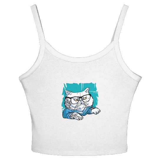 Stylish Nerd Persian Cat Beanie Glasses Tattoo Women's Spaghetti Strap Tank Top