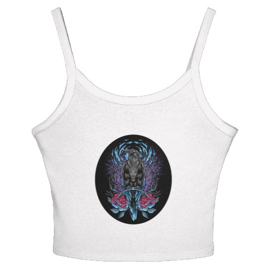 Crow Flowers in the Moonlight Black circle decal Women's Spaghetti Strap Tank Top