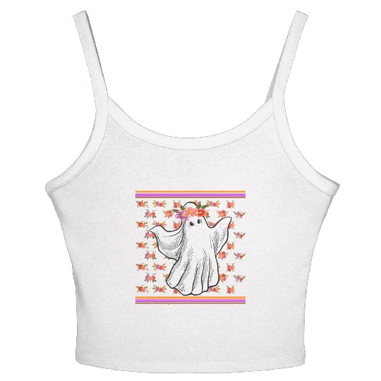 Halloween Theme Cute Ghost Floral Coffee Lover Women's Spaghetti Strap Tank Top