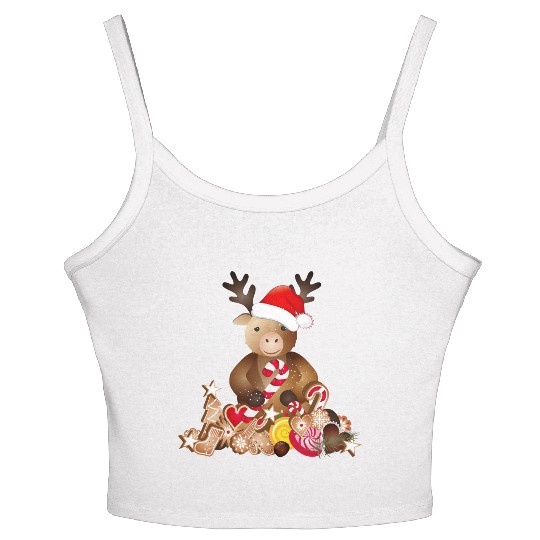 cute reindeer for christmas with santa hat Women's Spaghetti Strap Tank Top