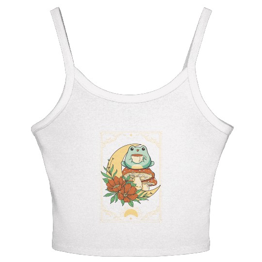 Cottagecore Aesthetic Tarot Card Frog Sipping Tea Women's Spaghetti Strap Tank Top