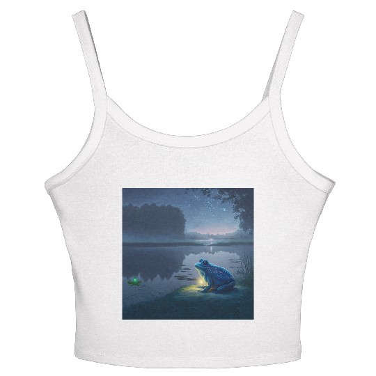 Blue Frog and Firefly on a pond at Night Women's Spaghetti Strap Tank Top