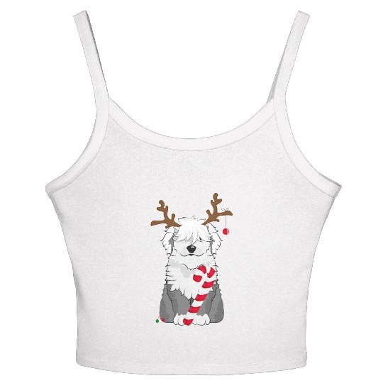 Bobtail dog with candy cane and reindeer antlers Women's Spaghetti Strap Tank Top