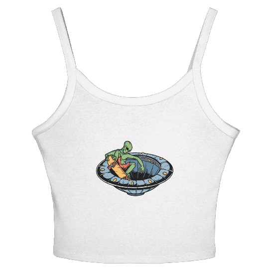Alien skateboarding on spaceship Women's Spaghetti Strap Tank Top