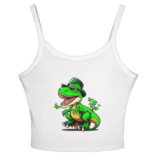 St. Patrick Day T-rex Dinosaur With Hat Women's Spaghetti Strap Tank Top