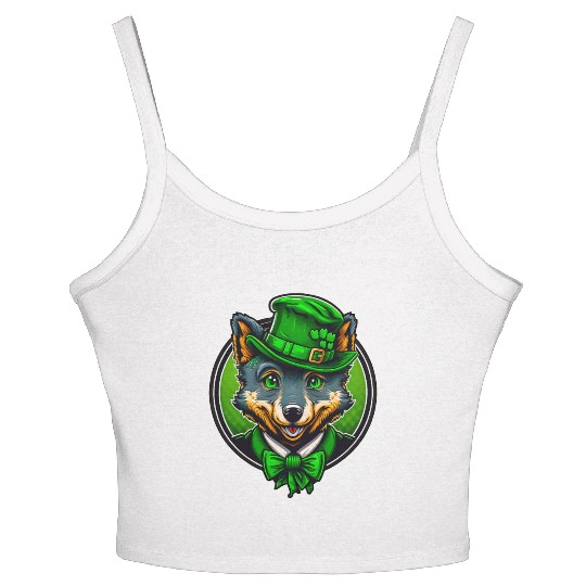 Cute Wolf St. Patrick's Day Hat With Green Eyes Women's Spaghetti Strap Tank Top