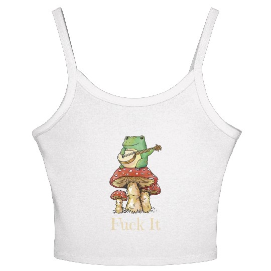 Cottagecore Frog Playing Guitar says Fuck It Women's Spaghetti Strap Tank Top