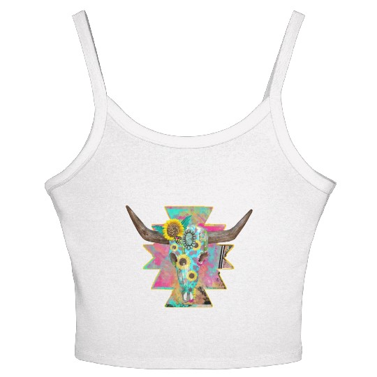 Colorful Floral Bull Skull Women's Spaghetti Strap Tank Top