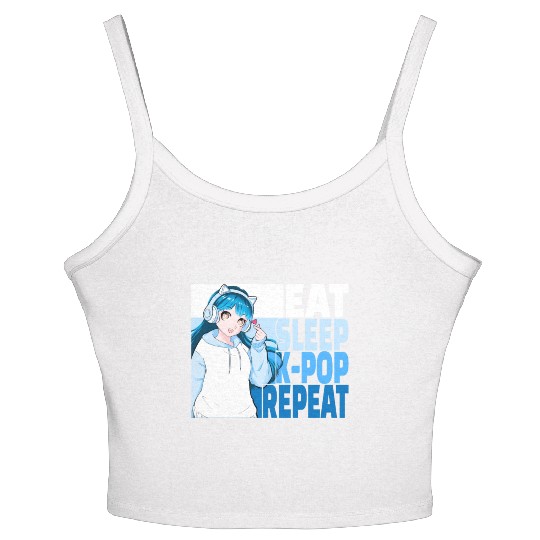 Eat Sleep K-POP Repeat Cute Korean Anime Girl Women's Spaghetti Strap Tank Top