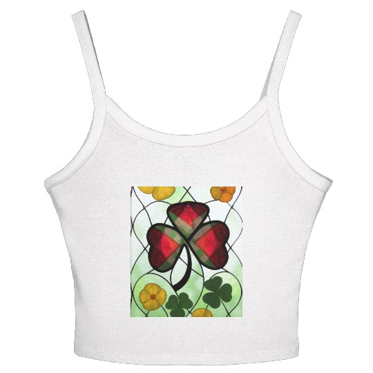 Red plaid Shamrock with Yellow Poppies (AI Art) Women's Spaghetti Strap Tank Top