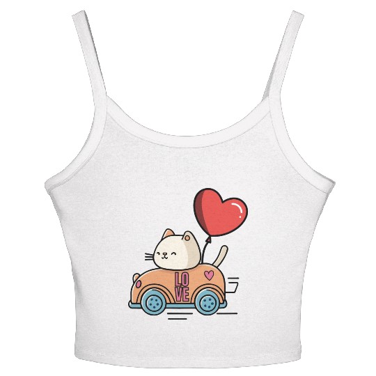Cute cat in the love car, and love balloon Women's Spaghetti Strap Tank Top