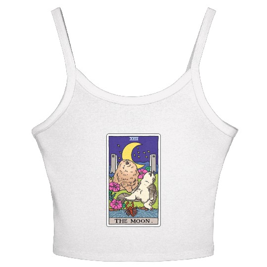 Tarot Card Crescent Moon And Cat Howl at the Moon Women's Spaghetti Strap Tank Top