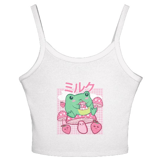 Cottagecore Aesthetic Kawaii Frog Drinking Japanes Women's Spaghetti Strap Tank Top