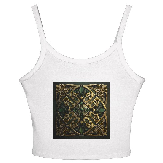 Green Bronze Ornamental Plaid Decoration Pattern Women's Spaghetti Strap Tank Top