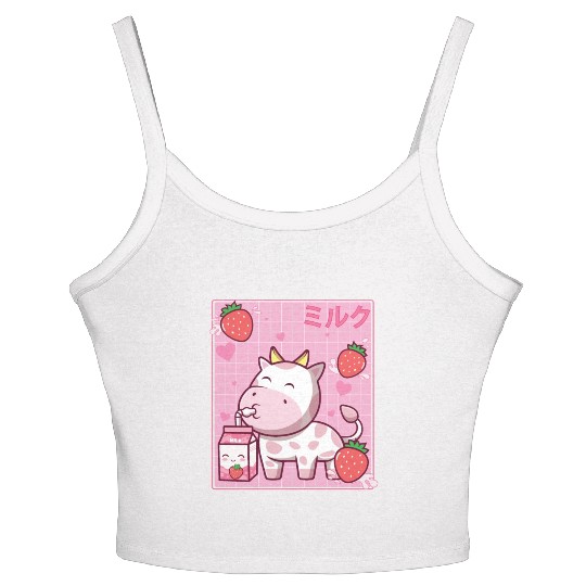 Kawaii Pink Strawberry Cow Milk Shake Otaku Anime Women's Spaghetti Strap Tank Top