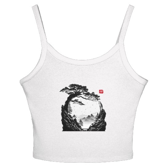 Japanese Zen Circle Landscape Buddhism Bonsai Tree Women's Spaghetti Strap Tank Top