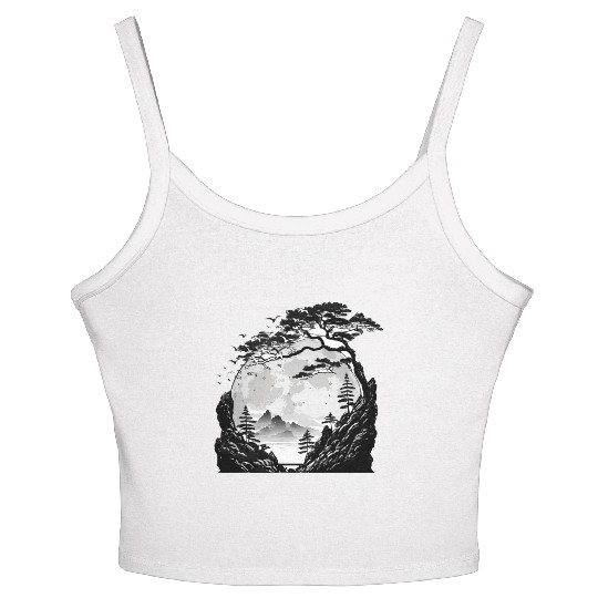 Japanese Mountain Landscape Gothic Full Moon Fores Women's Spaghetti Strap Tank Top