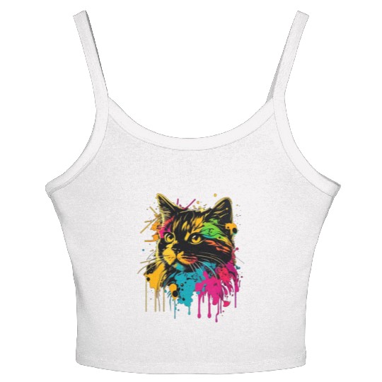 realistic cat meow outline wpap colorful Women's Spaghetti Strap Tank Top