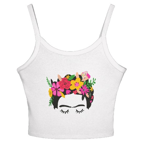 Frida Kahlo Illustration Floral Boho Style Mexican Women's Spaghetti Strap Tank Top