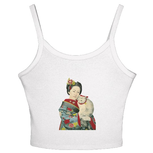 Geisha Cat Kimono Japanese Vintage Art Women's Spaghetti Strap Tank Top
