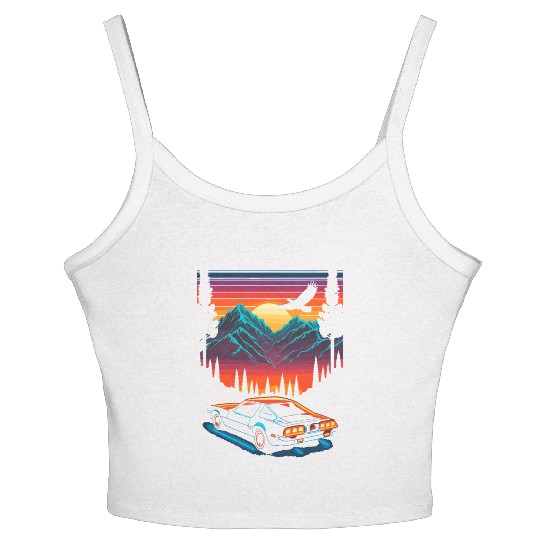 1980s Muscle Car and Retro Neon Mountain Sunset Women's Spaghetti Strap Tank Top