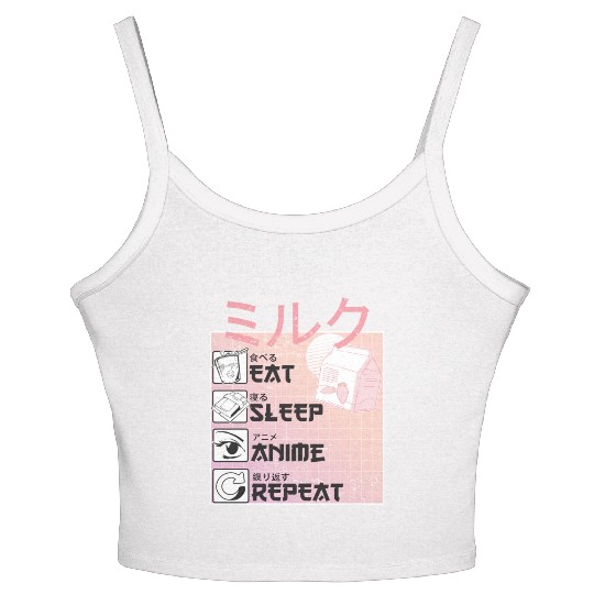 Eat Sleep Anime Repeat Straweberry Milk Japanese Women's Spaghetti Strap Tank Top