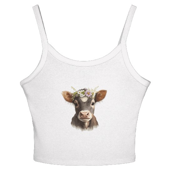 Calf Flower Crown Baby Cow Floral Farm Animal Pet Women's Spaghetti Strap Tank Top