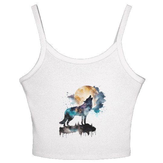 Mountain Wolf Multicolor Watercolor Portrait Women's Spaghetti Strap Tank Top