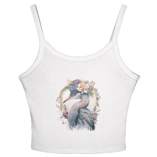 Watercolor Heron Freshwater Bird Watching Flower C Women's Spaghetti Strap Tank Top