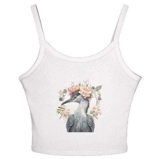 Watercolor Heron Freshwater Bird Flower Crown Flor Women's Spaghetti Strap Tank Top