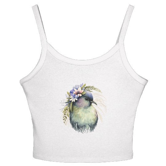 Cute Kiwi Bird Flower Crown Floral Exotic Birds Women's Spaghetti Strap Tank Top